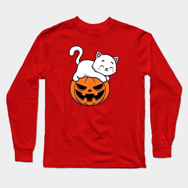 Funny Cute White Cat Laying On Pumpkin Halloween Long Sleeve T-Shirt by Illustradise